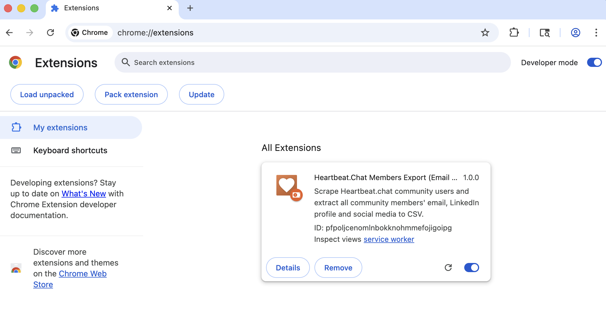 Heartbeat Member Export chrome extension install done