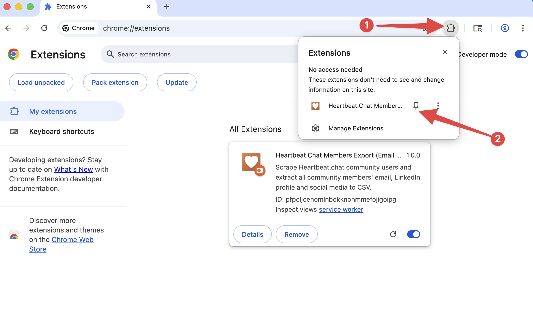 Heartbeat Member Export chrome extension install pin